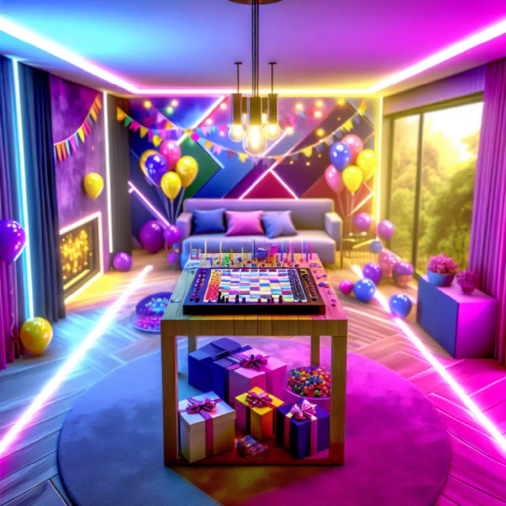 Urodzinowa aranżacja pokoju gier z balonami i neonami