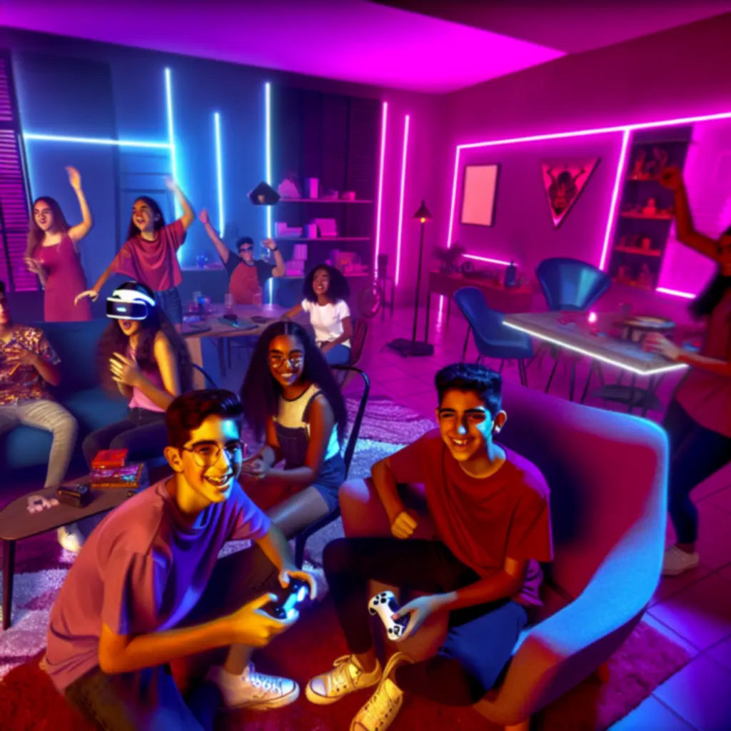 Uśmiechnięta grupa podczas wydarzenia w gaming roomie z neonowymi światłami