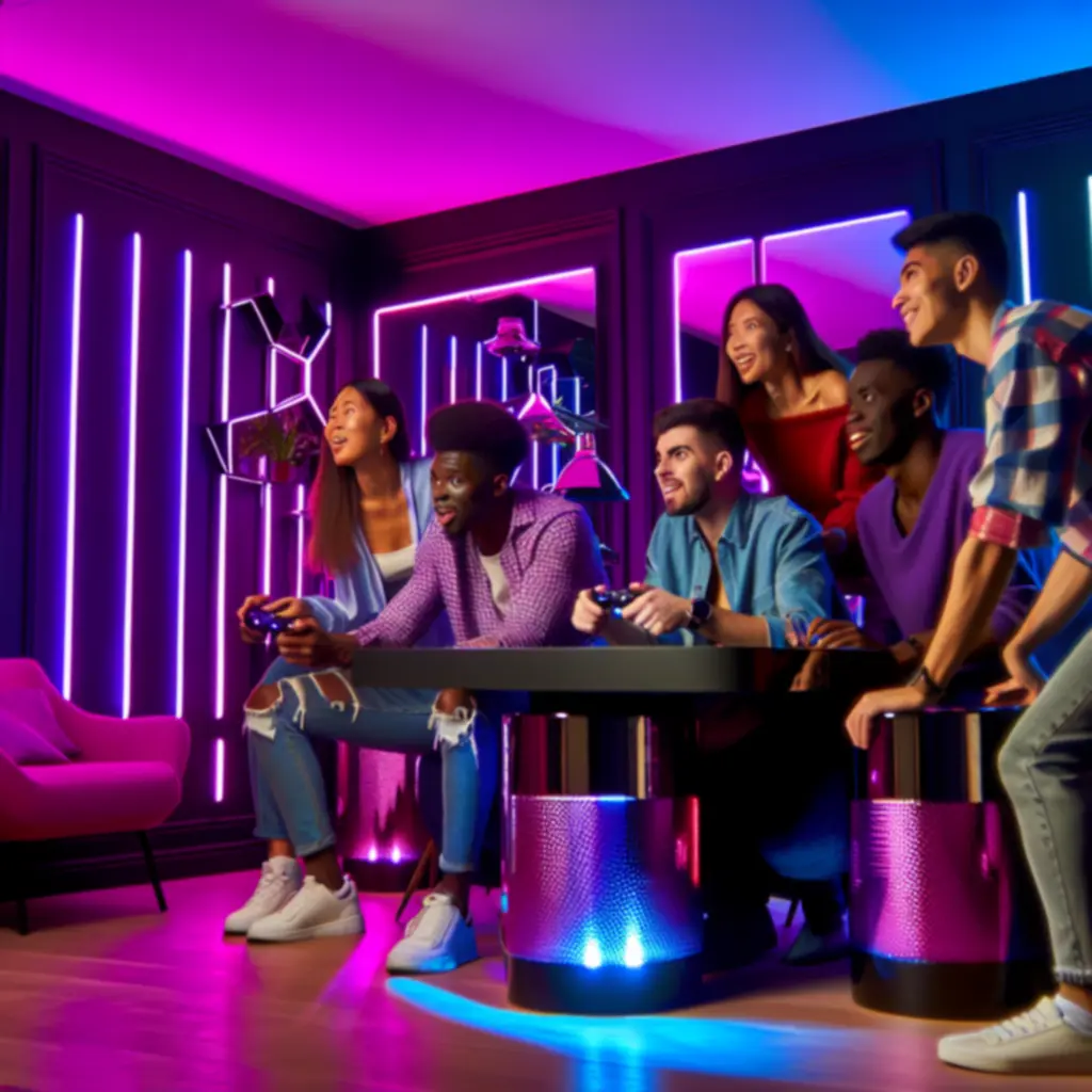 Grupa znajomych grających w tematycznym pokoju gier z neonowymi światłami.