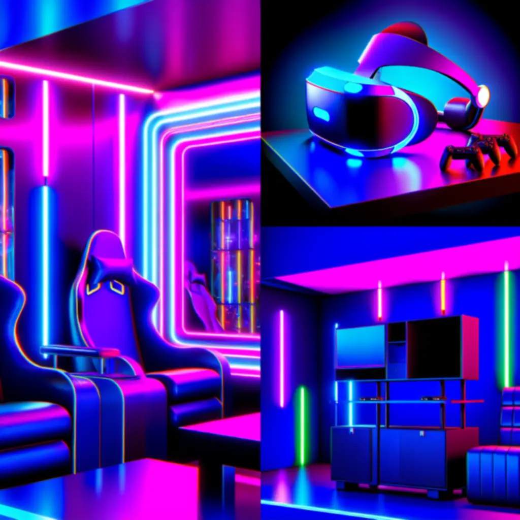 Energetyczna sala gier z neonowym oświetleniem i zestawem VR