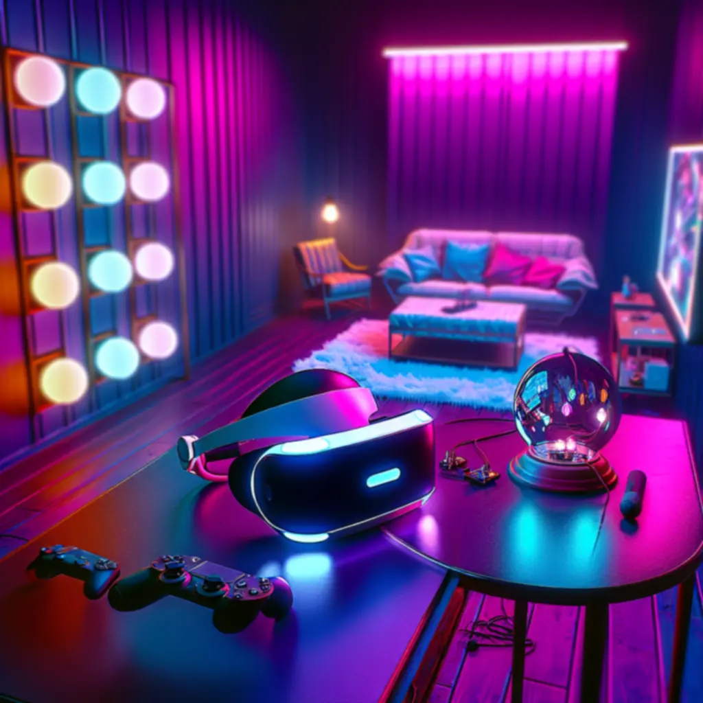 Immersyjny pokój gier z neonowym oświetleniem i zestawem VR