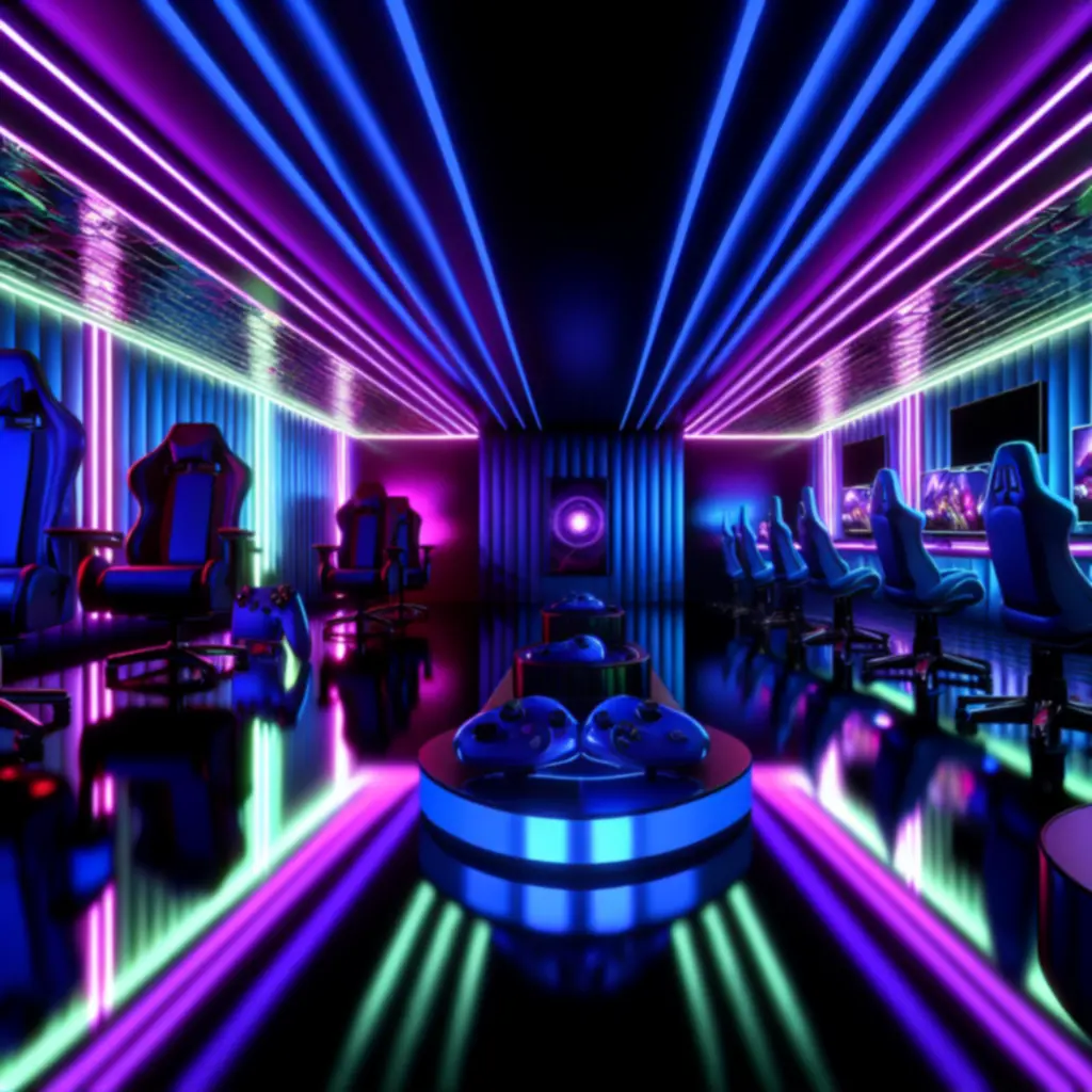 Neonowy pokój gier z konsolami, stanowiskami VR i wygodnymi fotelami