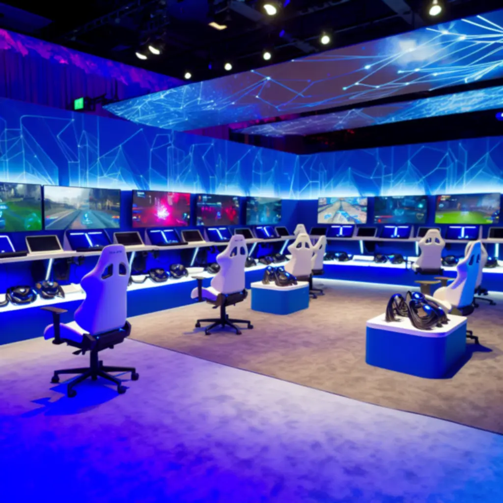 Stanowiska gamingowe z konsolami i dużymi ekranami gotowe na event