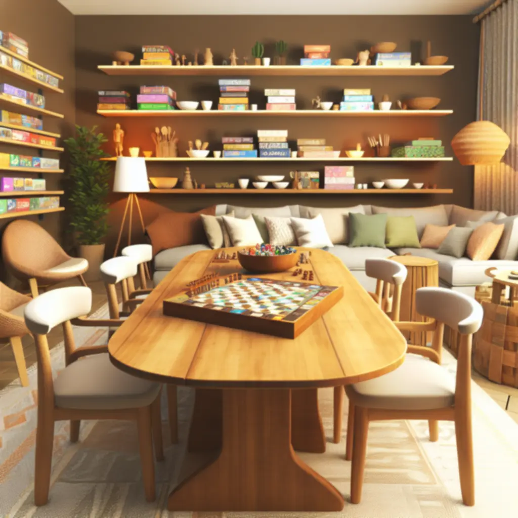 Salon planszówek z dużym stołem, półkami gier i miękkim oświetleniem