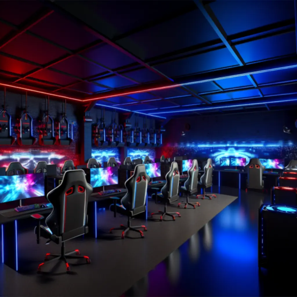 Pokój e-sportowy z fotelami, monitorami 240 Hz i oświetleniem RGB