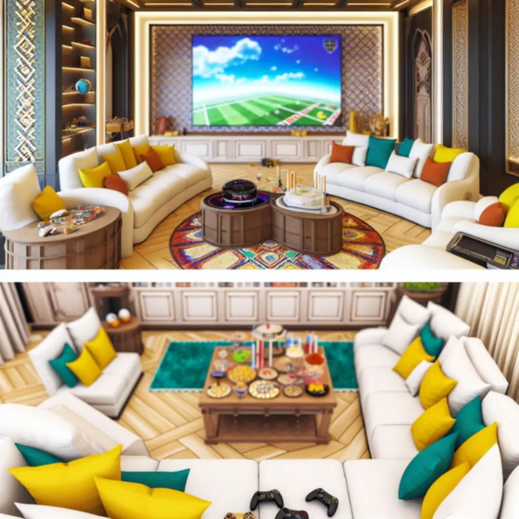 Rodzinny pokój gier z wygodnymi kanapami i dużym ekranem