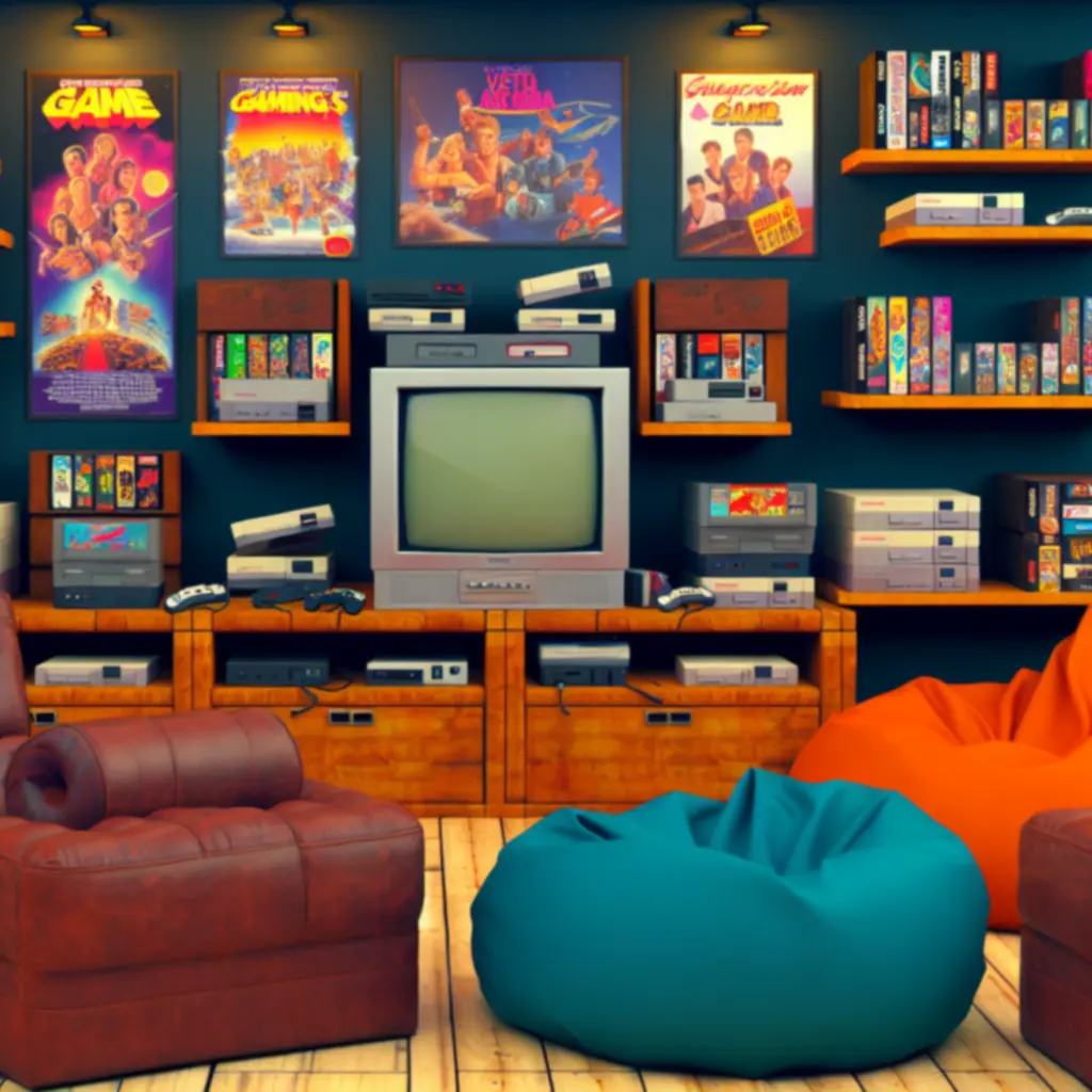 Przytulny retro pokój z konsolami 8-bit i półkami gier