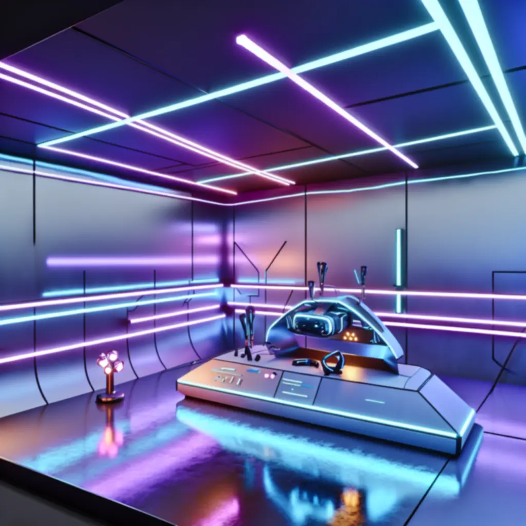 Futurystyczny pokój sci‑fi z neonowym oświetleniem i zestawem VR