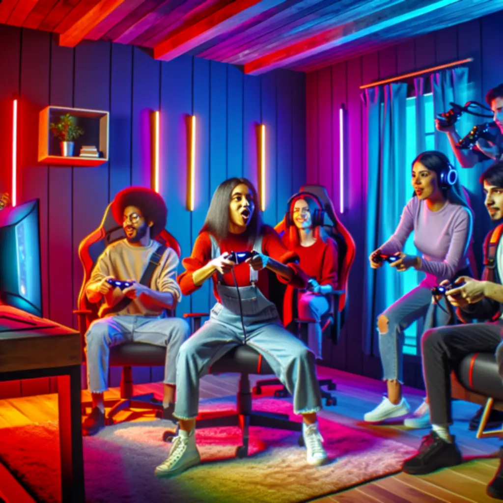 Gracze w kolorowym pokoju gier podczas wspólnej rozgrywki
