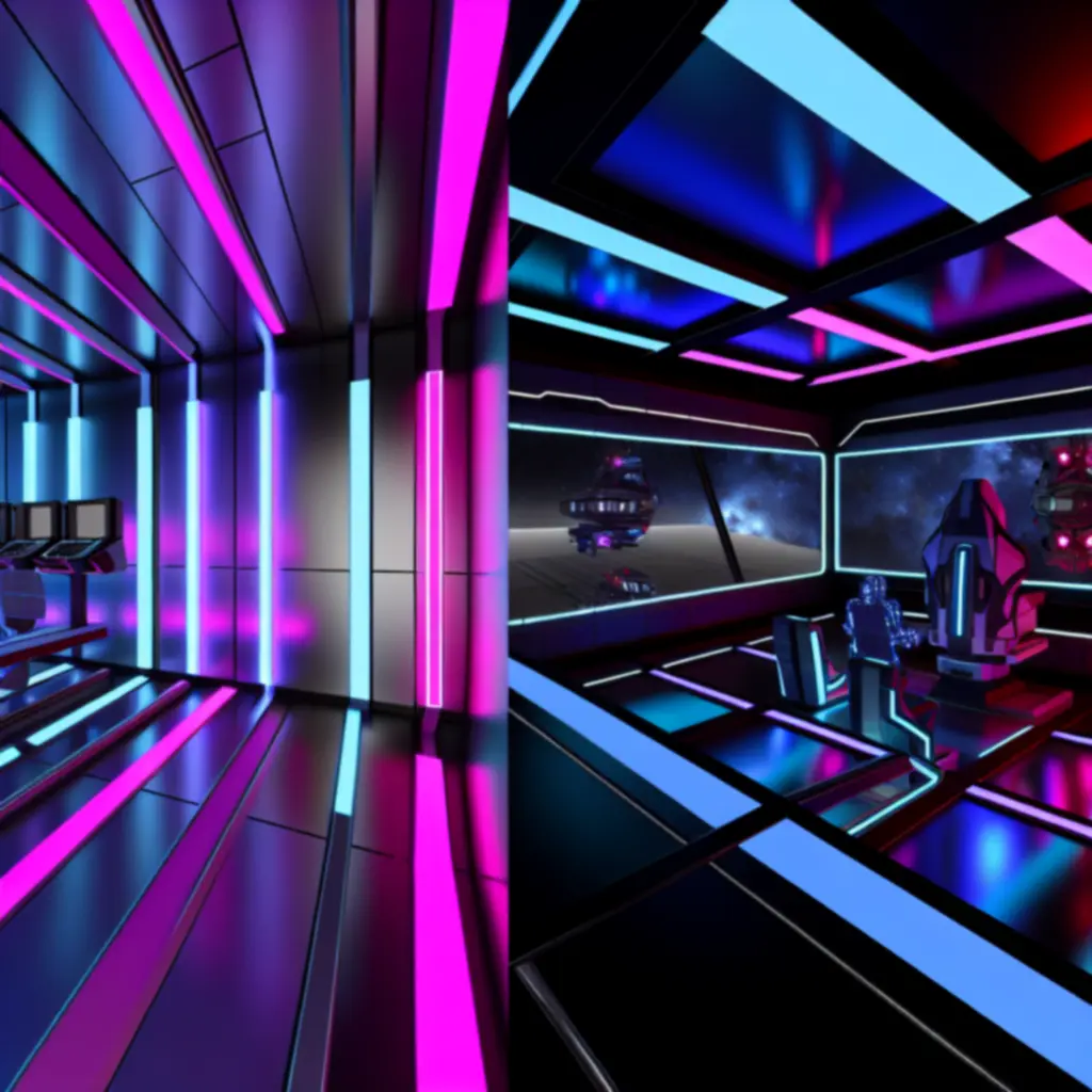 Futurystyczny pokój gier w motywie sci‑fi z neonami i panelami LED