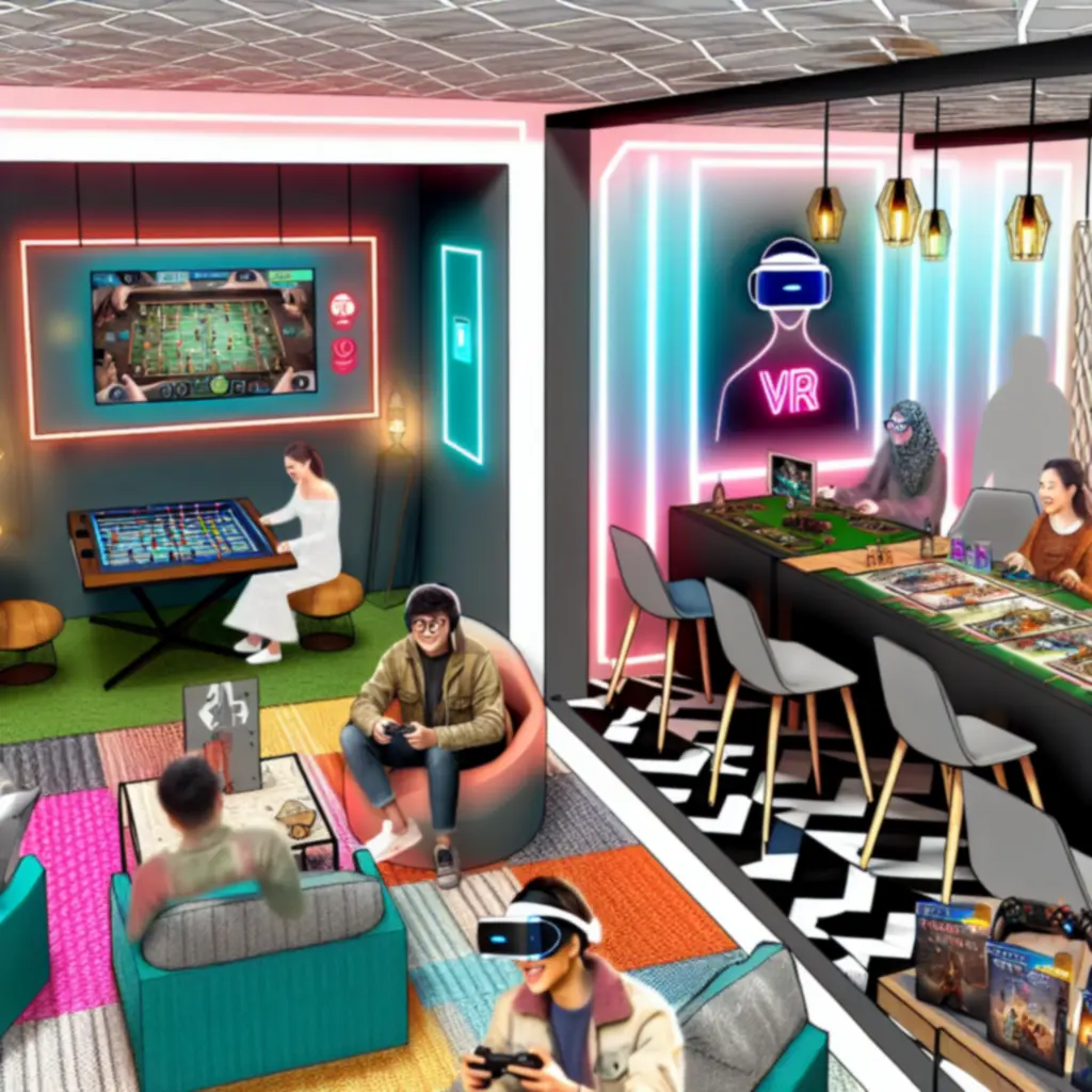 Kolaż zdjęć: tematyczny pokój gier, stanowiska VR i stolik z grami planszowymi.