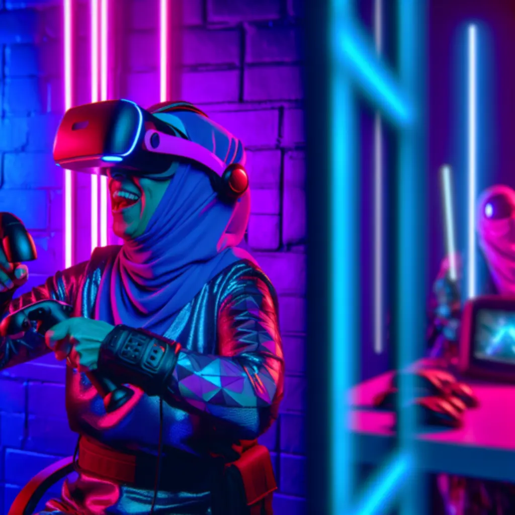 Gracz w zestawie VR w neonowej sali