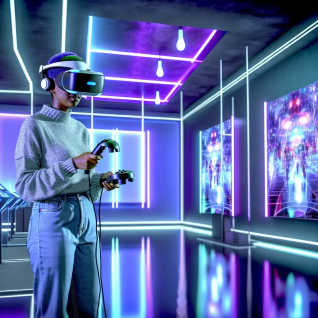 Osoba z headsetem VR w neonowej sali, gotowa do rozgrywki